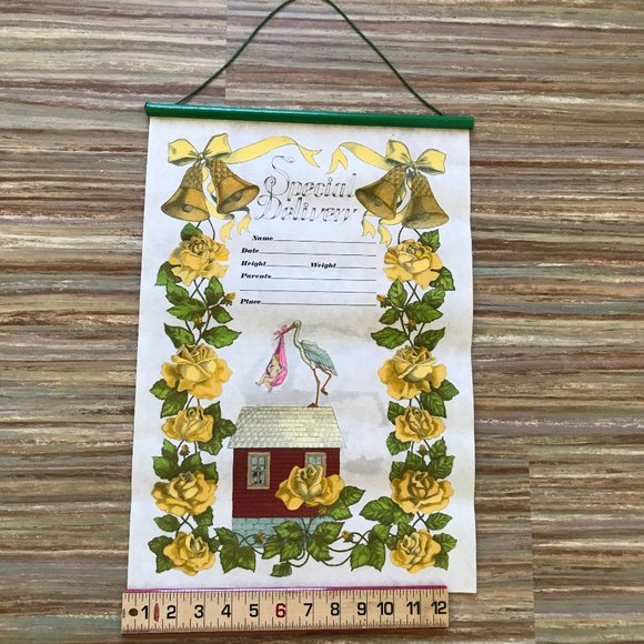 Special Delivery New Baby Fabric Sign Wall Hanging Artex Tri-Chem Painting - Picture 1 of 3